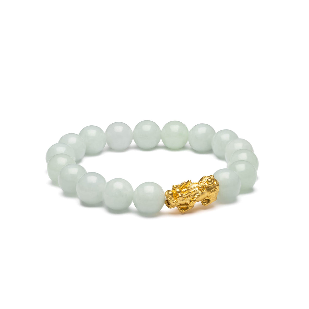 Pale Green Jadeite Jade Bead Bracelet with 24K Gold Pixiu - 10mm