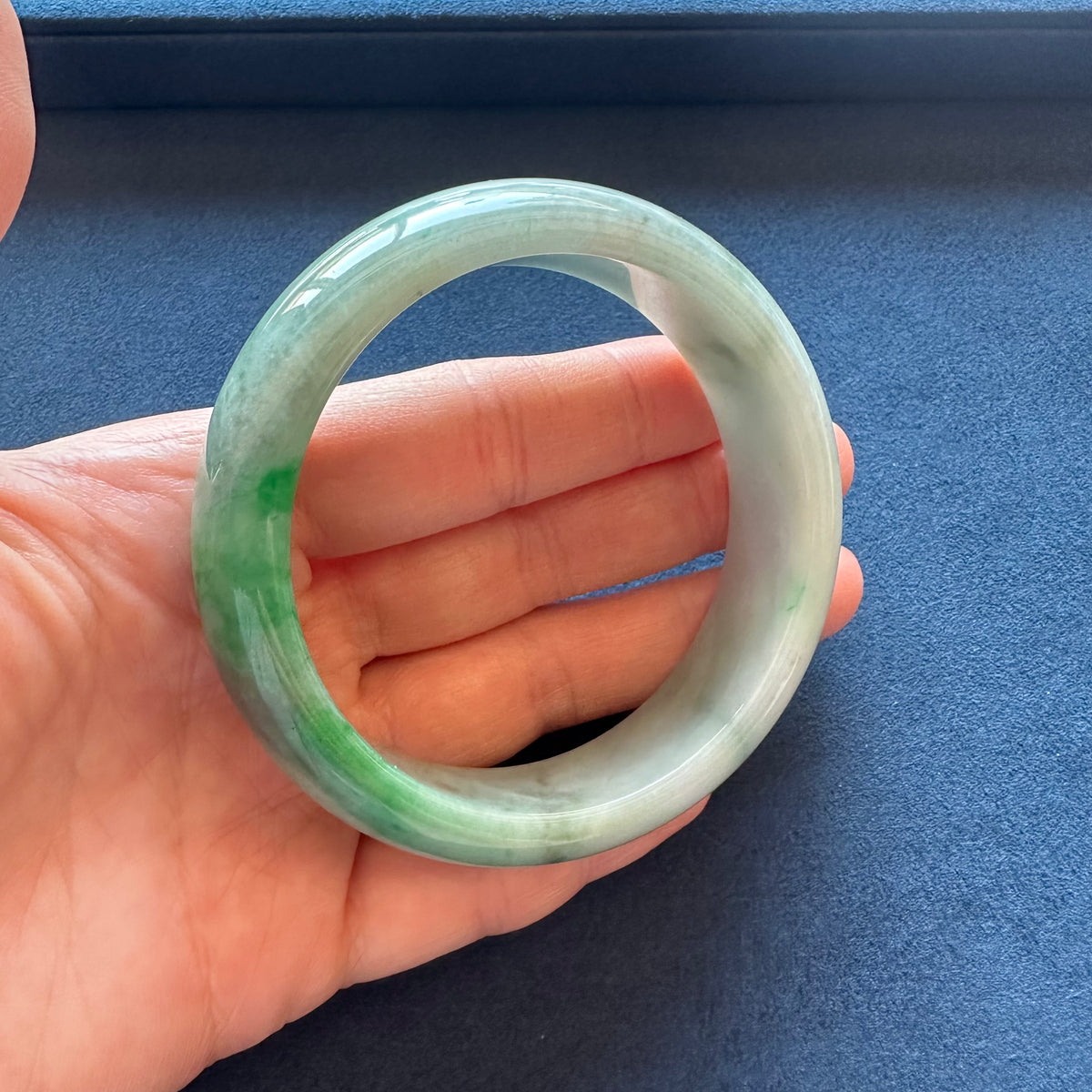 Genuine Grade A Pale Green with Light Green and Light Grey Pattern Jade Bracelet 57mm Half Moon MAYS MAYS GEMS