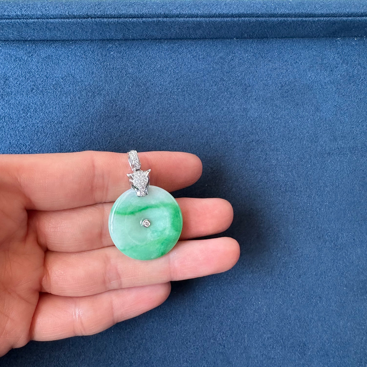 Panther Green Jade Disc Pendant with Diamonds