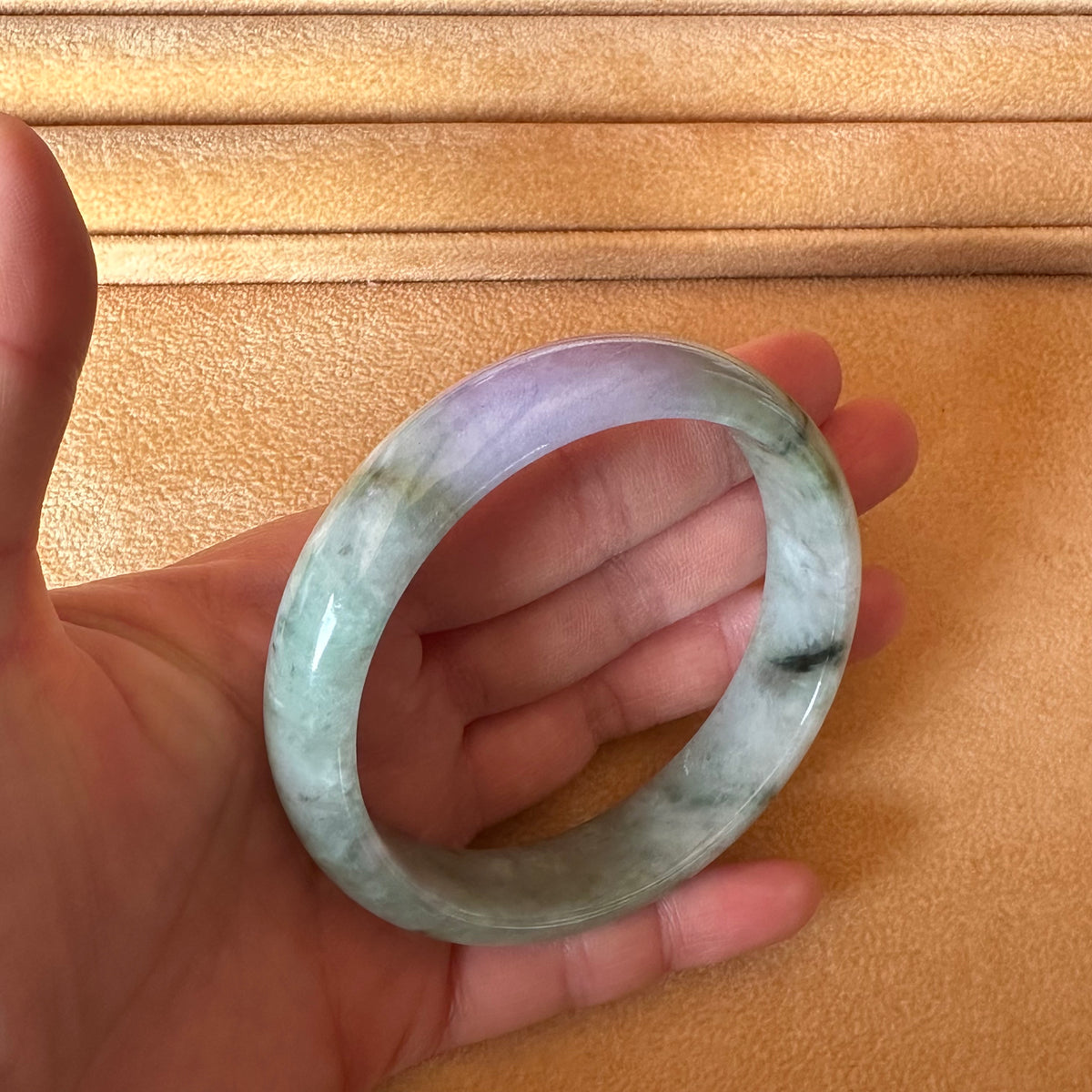 Certified Untreated Green and Lavender with Dark Green Patterns Burma Jade Bangle - 59mm Half Moon