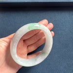 Authentic Grade A White with Apple Green Patterns Burmese Jade Bangle Bracelet - 62mm Half Moon