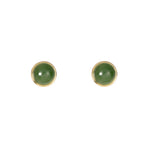 Pair of green round earrings with gold rims on a white background