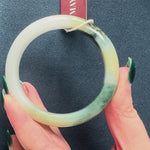 Genuine Grade A White with green flower Traditional Jade Bracelet - 55mm Semi Round