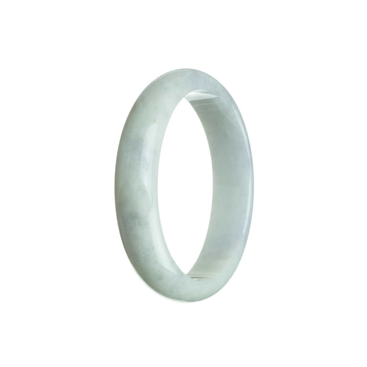 A beautiful, oval-shaped jade bangle bracelet with a pale green color and subtle lavender undertones. The bracelet is made from high-quality grade A jade and measures 56mm in diameter. Designed and crafted by MAYS GEMS.