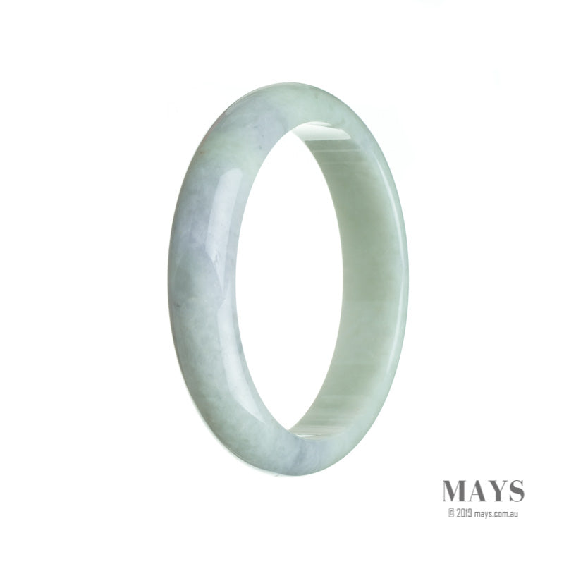 A close-up photo of a half moon-shaped jade bangle in a pale green color with hints of lavender. The bangle is genuine and untreated, showcasing its natural beauty. It has a 60mm diameter and is a traditional piece of jewelry. The brand name, MAYS, is also mentioned.