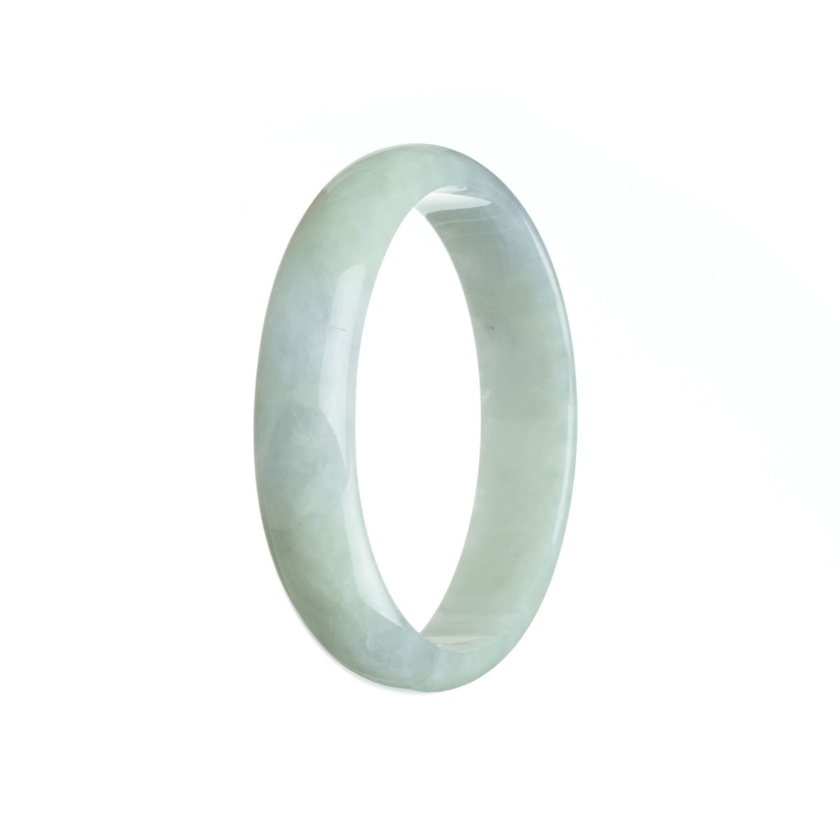 A beautiful Burmese jade bangle with a pale green color and subtle lavender undertones, featuring a unique half moon shape. Expertly crafted and sourced from natural materials.