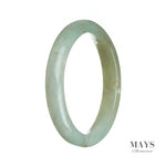 A close-up image of a pale green jadeite jade bangle with a semi-round shape, measuring 63mm in diameter. The bangle is made of genuine, natural jade and is being offered by MAYS GEMS.