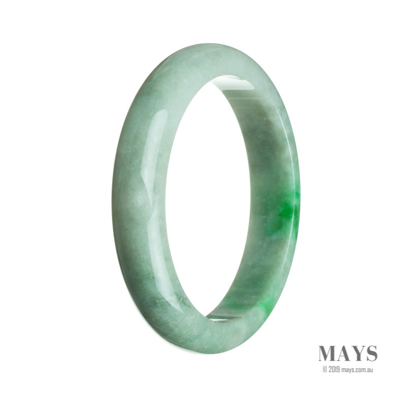 A beautiful half moon-shaped bracelet made of genuine natural white and green Burmese Jade, measuring 64mm in size. The bracelet is from the brand MAYS.