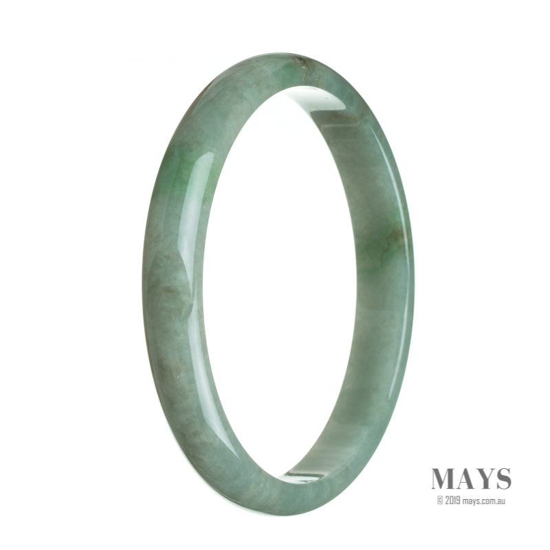 A close-up image of a traditional jade bangle bracelet, showcasing its genuine untreated brownish green color. The bracelet is shaped like a half moon and measures 77mm in size.