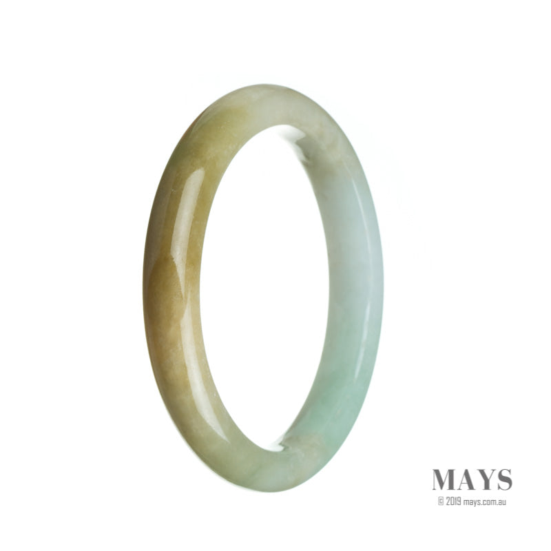A close-up image of a beautiful Type A white, brown, and green jade bangle. The bangle has a semi-round shape and measures 61mm in diameter. It is a genuine piece from the MAYS™ collection.