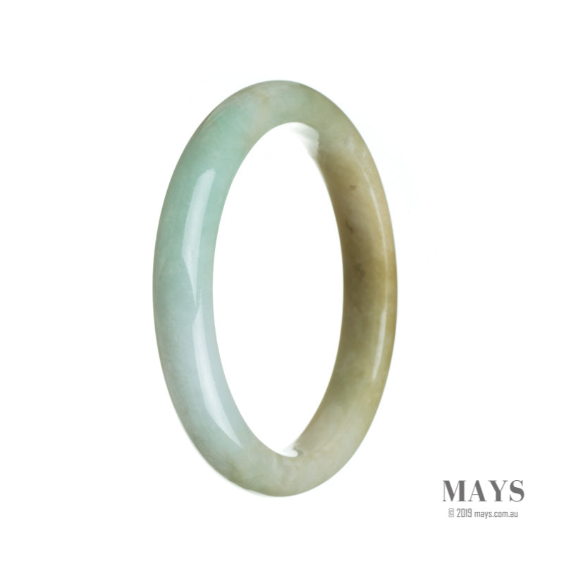 A genuine, untreated white, brown, and green traditional jade bangle bracelet with a semi-round shape, measuring 61mm.