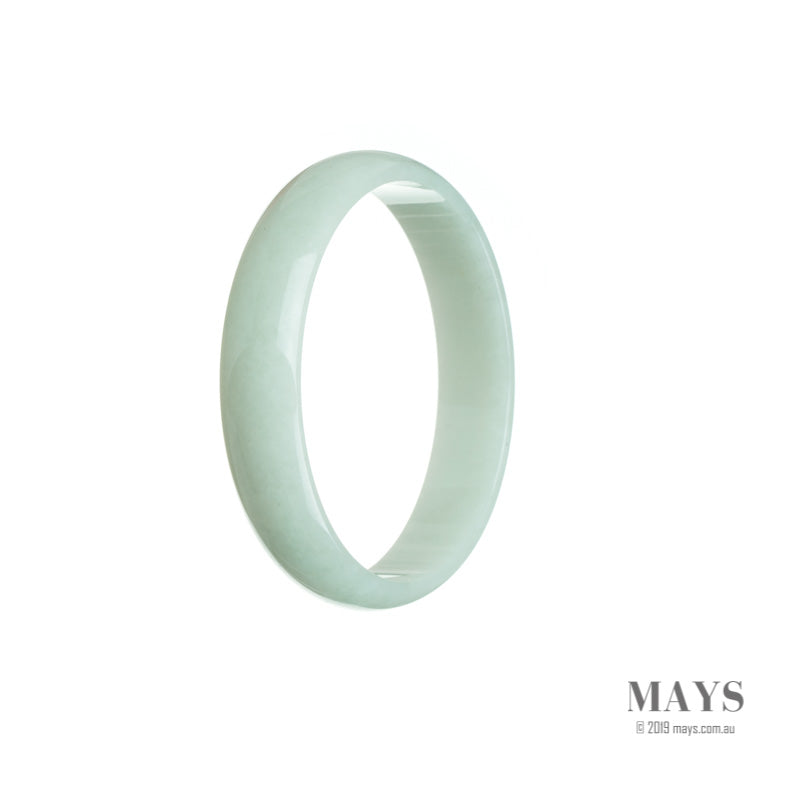 A close-up image of a pale green traditional jade bangle bracelet with a flat, smooth surface. The bracelet has a diameter of 52mm and is made of high-grade A jade. The brand name "MAYS" is engraved on the inside of the bracelet.