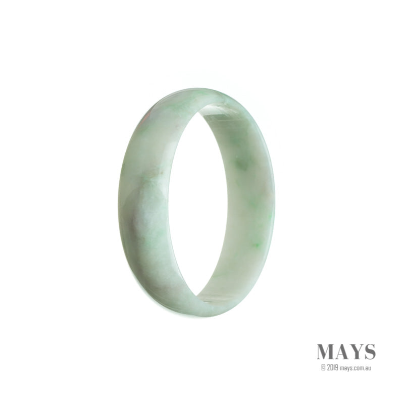 A close-up of a white and green jade bangle with a flat shape, measuring 52mm. This genuine jadeite jade bangle from MAYS™ is untreated and displays beautiful natural colors.