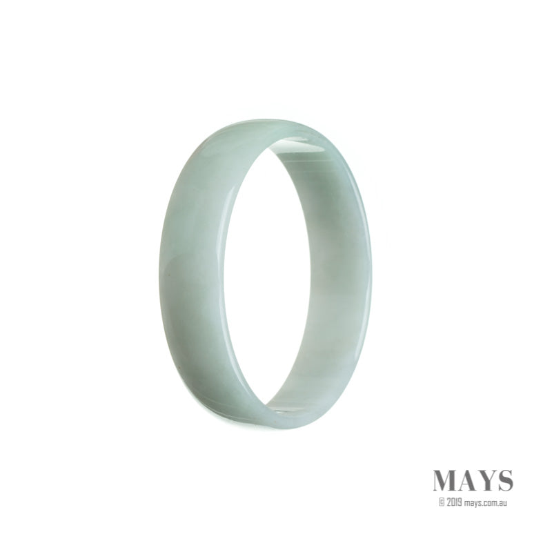 A close-up image of a certified natural white jadeite jade bracelet. The bracelet is 53mm in size and has a flat design. It is sold by MAYS.