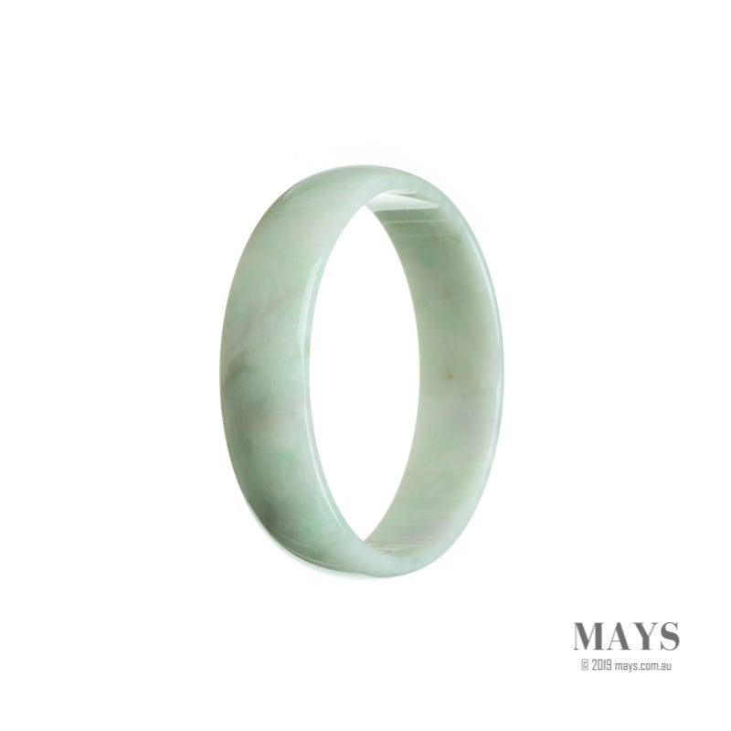 A close-up photo of an authentic Grade A white with green jade bangle. The bangle is flat and measures 53mm in diameter. It is a high-quality piece from the brand MAYS.