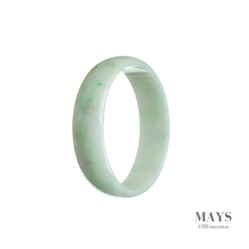 A close-up image of a beautiful white and green jade bangle bracelet with a flat shape, measuring 52mm. It is a traditional piece of jewelry with high-quality grade A jade.