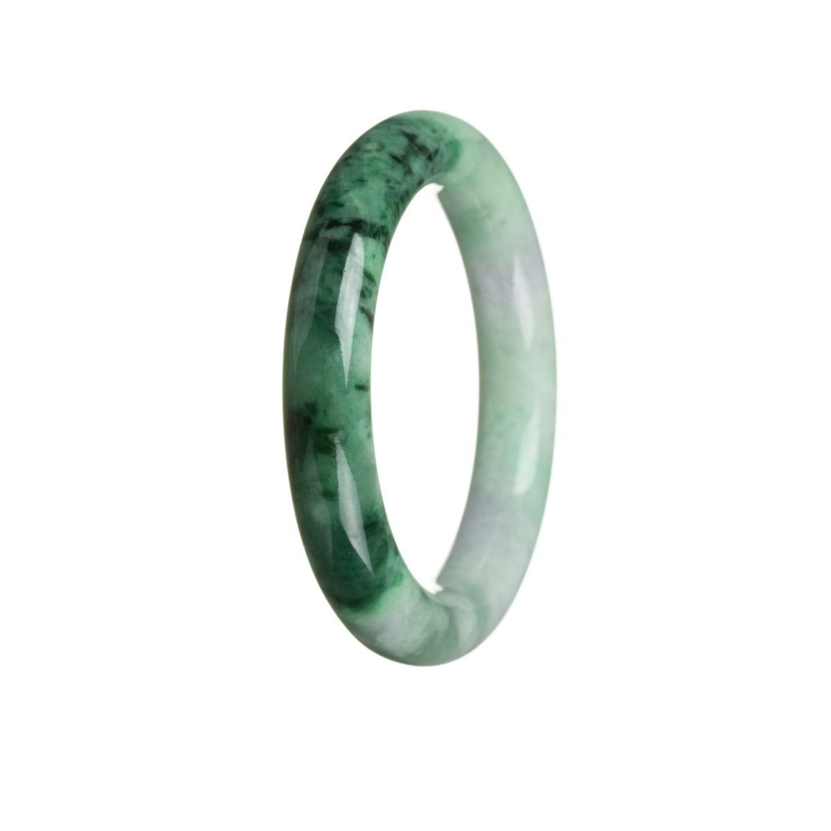 A round, traditional jade bangle bracelet with a certified Grade A green color and a beautiful pattern.