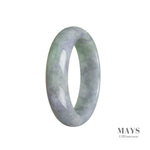 A close-up photo of an exquisite lavender and green jadeite bangle with a half-moon shape, measuring 55mm in size. The bangle is of authentic Grade A quality and is a stunning piece of jewelry from the MAYS™ collection.