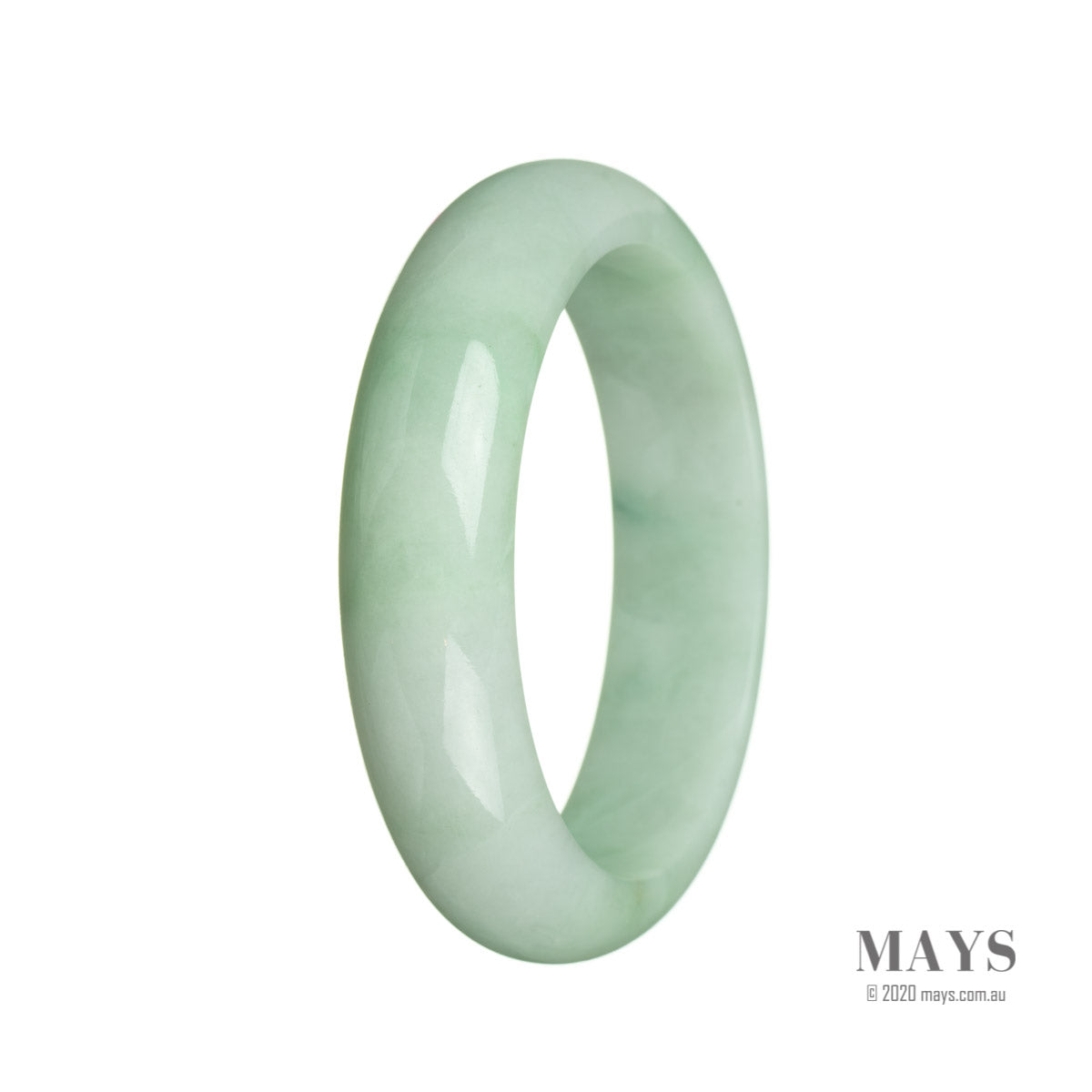 An exquisite light green jadeite jade bangle bracelet with a half moon shape, measuring 62mm in size. Handcrafted with authentic Grade A jade, this bracelet from MAYS Jewelry is a stunning and timeless piece.