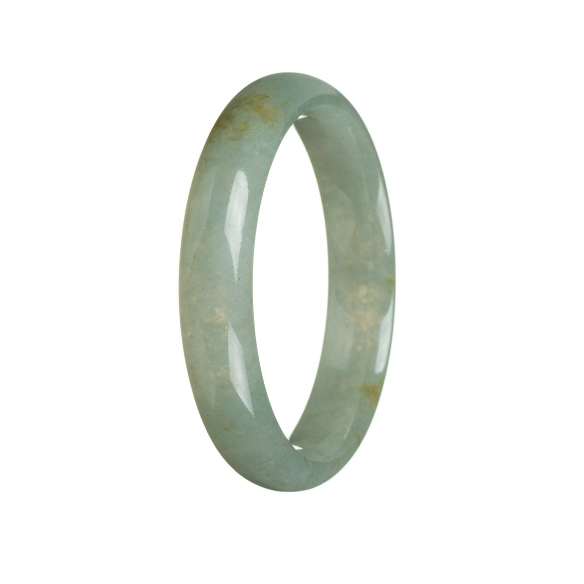 A close-up image of a grey traditional jade bangle with a half-moon shape, measuring 56mm. This bangle is certified Grade A and is part of the MAYS™ collection.