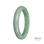 A close-up photo of an authentic Grade A Green Burma Jade Bangle, measuring 58mm in diameter and featuring a semi-round shape. The bangle is from the brand MAYS.