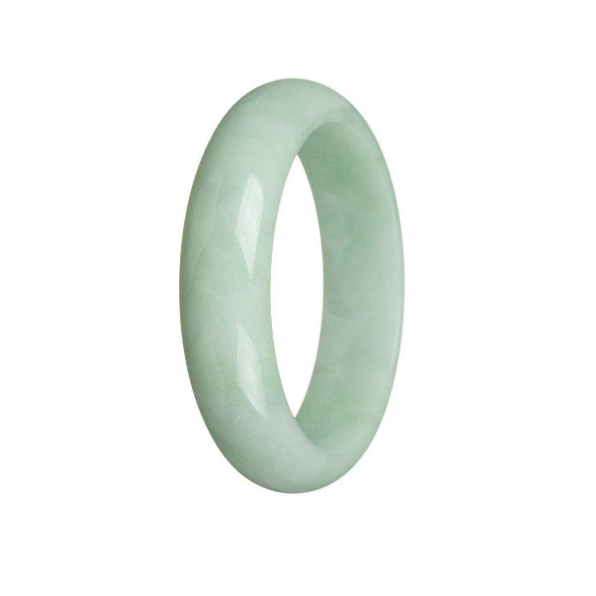 A half moon-shaped, 58mm traditional jade bangle in a genuine natural light green color. Perfect for adding a touch of elegance to any outfit.
