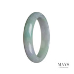 A close-up image of a stunning jadeite bangle in a half moon shape. The bangle is made of real Type A green jadeite, with a vibrant green color and hints of lavender. The intricate patterns and smooth texture of the jadeite can be seen, creating a visually appealing piece of jewelry.