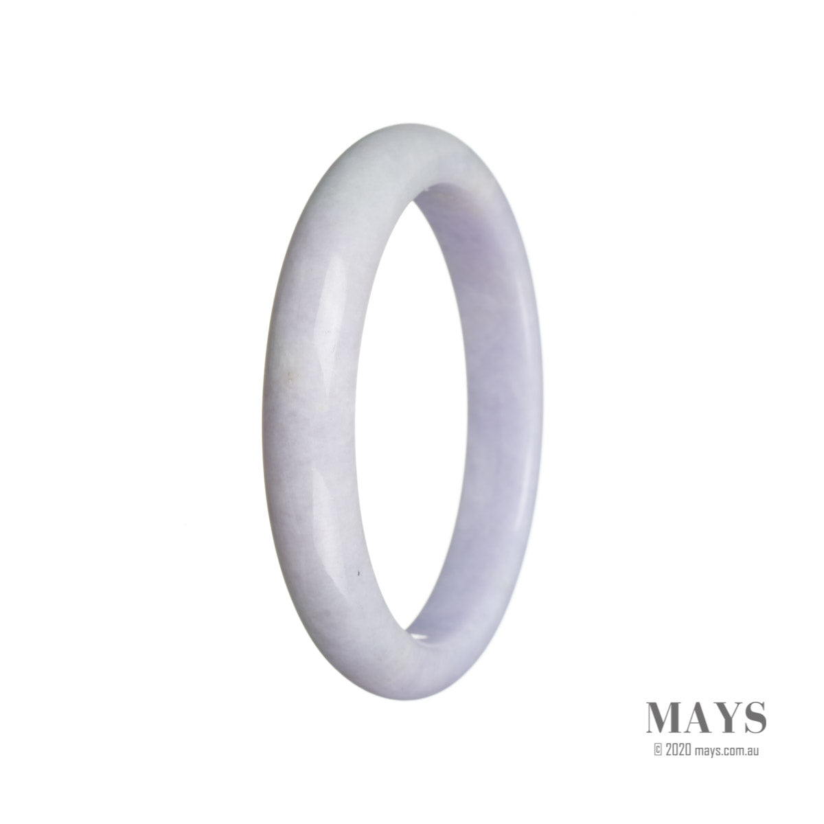 A close-up image of a lavender-colored traditional jade bangle with a semi-round shape, measuring 59mm in size. This genuine Grade A jade bangle is from MAYS GEMS.