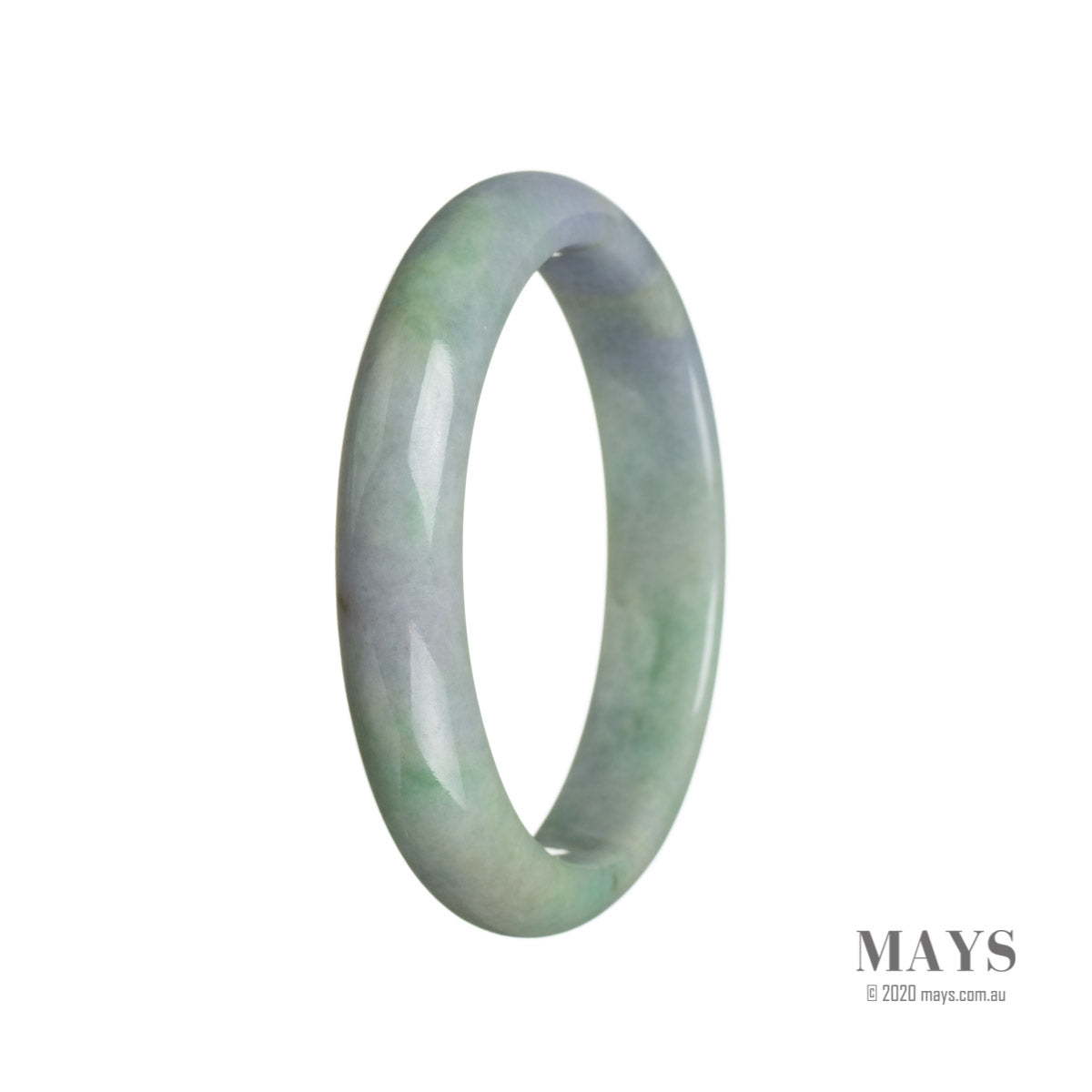 A beautiful green and lavender jadeite jade bracelet with a semi-round shape, measuring 60mm. Handcrafted by Mays Gems.