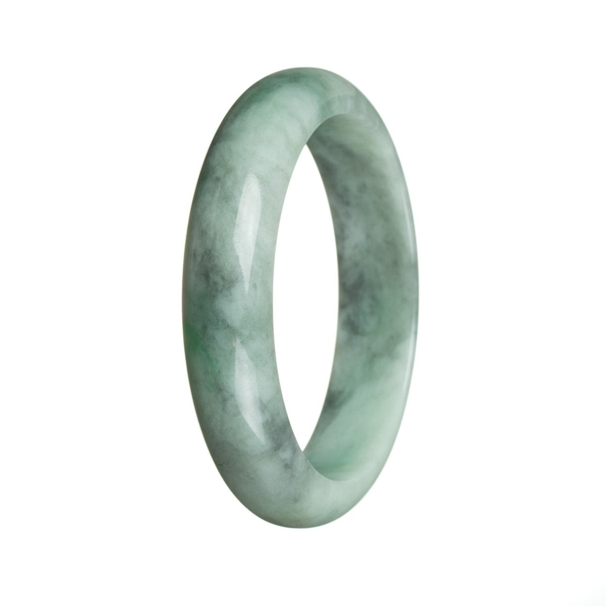 A beautiful green Burmese jade bangle with a half-moon shape, measuring 59mm.