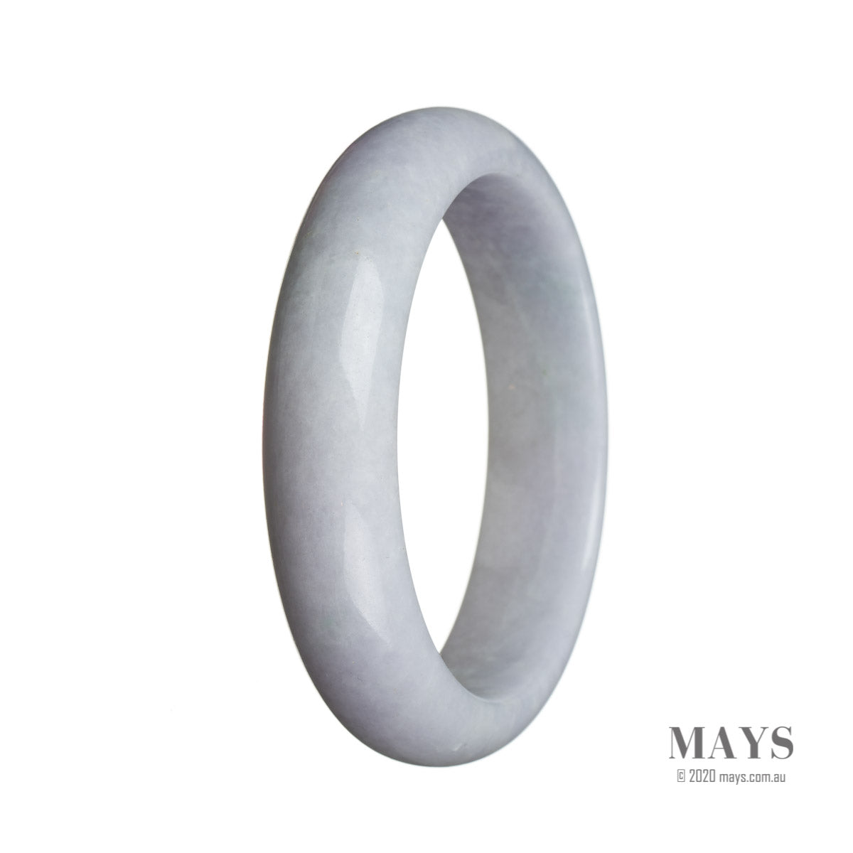 A genuine pale lavender Burma Jade bangle with a half moon shape, measuring 59mm. Perfect for adding a touch of elegance to your outfit. By MAYS™.