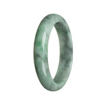 A close-up image of a green jade bangle bracelet with a half-moon shape. The bracelet is made of certified natural green jadeite jade and is 59mm in size. Manufactured by MAYS™.