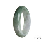 A beautiful green and lavender jade bangle bracelet with a half moon shape, made from genuine Grade A jadeite jade.