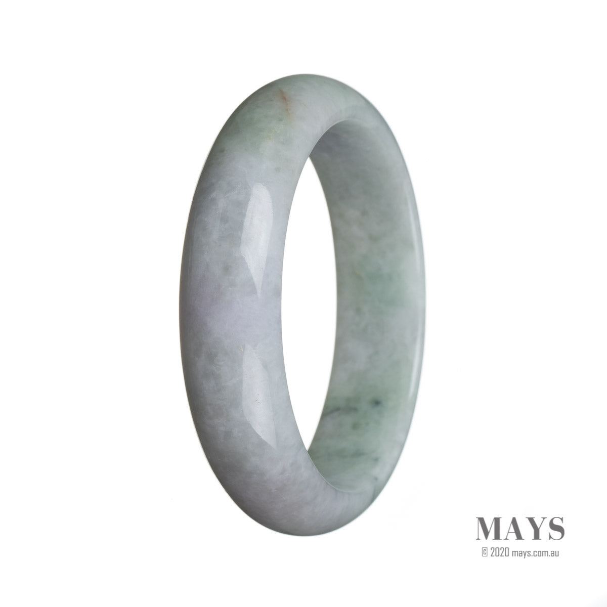 A light green Burma jade bangle with a half moon shape, measuring 59mm. Exquisite quality and craftsmanship by MAYS™.