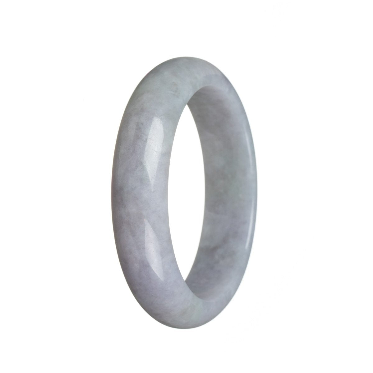 A lavender-colored jade bangle bracelet with natural untreated stone, featuring hints of green and a half moon shape, crafted by MAYS.