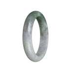 A close-up photo of a half moon-shaped green bangle made of Burmese Jade, with a smooth and polished surface. The bangle is of size 58mm and is certified as Grade A quality.