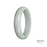 A close-up image of a light green jadeite bangle with a half-moon shape, measuring 59mm in diameter. The bangle is made from authentic Grade A jadeite and is sold by MAYS.