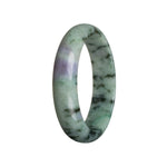 A beautiful half-moon shaped jade bangle bracelet in a stunning shade of green with lavender undertones. It is made from genuine Grade A Burmese jade, ensuring high quality and authenticity. The bracelet has a diameter of 55mm, making it a perfect fit for most wrists. A stylish and elegant piece of jewelry from the brand MAYS™.