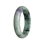 A close-up of a beautiful jadeite bracelet, featuring a half-moon shaped centerpiece in a stunning shade of green with hints of lavender.