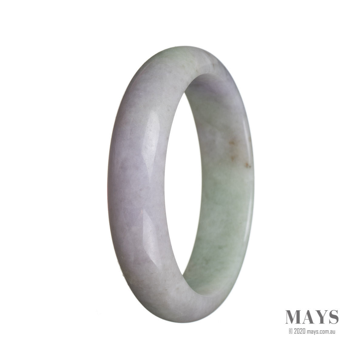 A close-up photo of a jade bangle, showcasing its natural untreated green color with a hint of lavender. The bangle has a half moon shape and measures 58mm in diameter. Created by MAYS™.