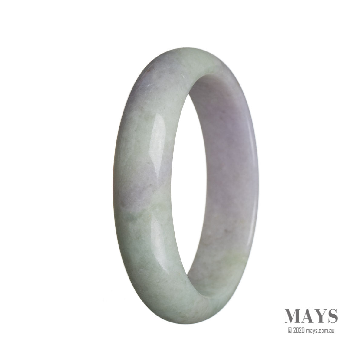 A beautiful half moon-shaped jade bangle in genuine Grade A green with a hint of lavender color.