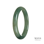 A close-up photograph of a green jade bracelet. The bracelet is made of high-quality green jade stones, arranged in a semi-round shape. The stones are smooth and polished, showcasing their natural beauty and vibrant green color. The bracelet is 63mm in size and is a real grade A jade, known for its premium quality. It is a timeless and elegant piece of jewelry, perfect for adding a touch of sophistication to any outfit.