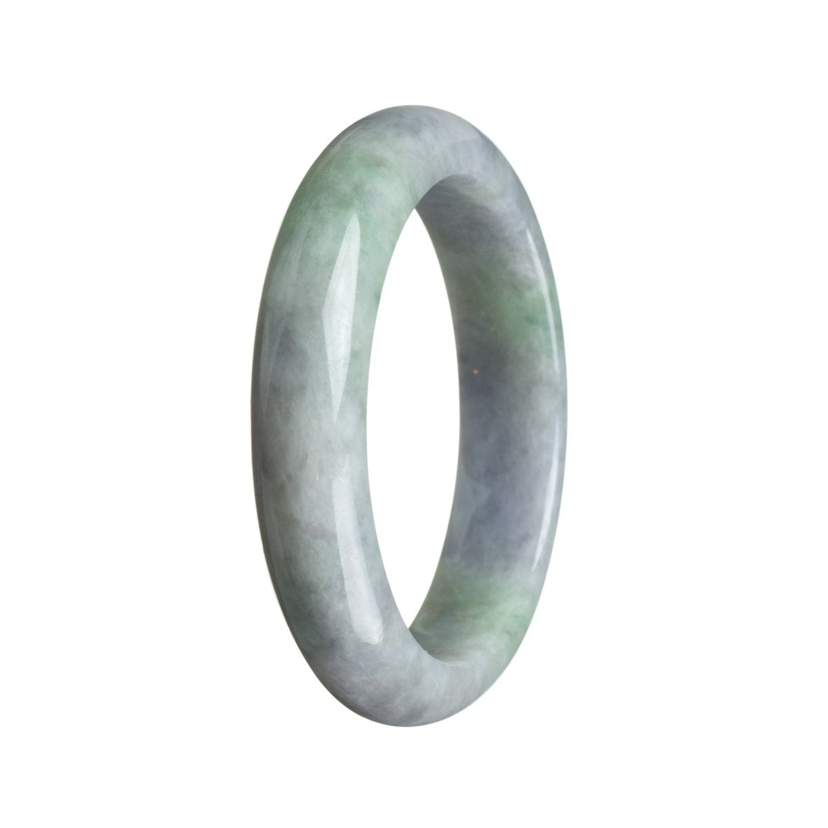 A close-up image of a green and lavender Burma Jade bracelet with a semi-round shape, measuring 57mm. The bracelet is certified Grade A Green.