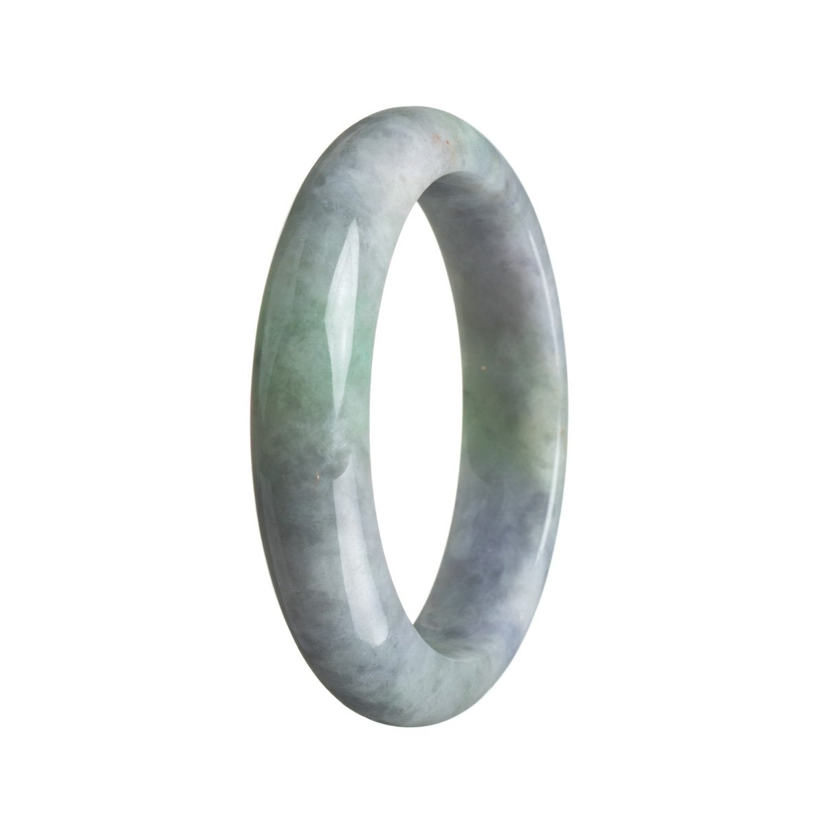 A beautiful green and lavender traditional jade bangle, graded as genuine Grade A. The bangle is 57mm in size and has a semi-round shape. Sold by MAYS GEMS.