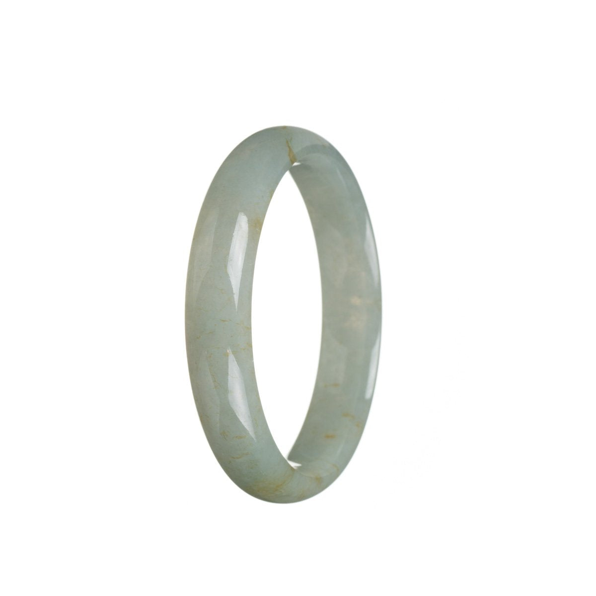 A close-up photo of a real grade A greyish green Burma Jade bangle. The bangle is shaped like a half moon and measures 55mm in size. It is a stunning piece of jewelry from MAYS GEMS.