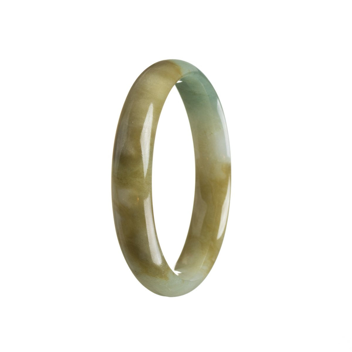 A half-moon shaped jade bracelet with a certified Grade A green color and brown sections, available in a 55mm size. Sold by MAYS GEMS.