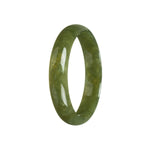 A close-up photo of a beautiful, olive green Burmese jade bangle. The bangle is half moon-shaped and measures 54mm in diameter. It exudes an aura of authenticity and natural beauty.