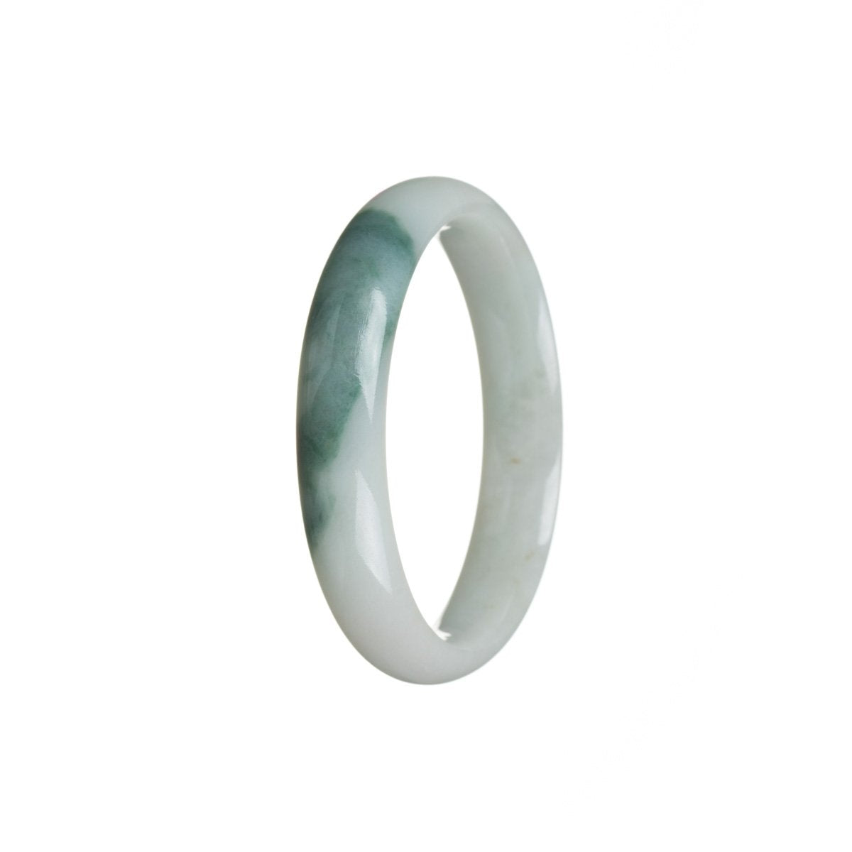 A stunning white flower Burma Jade bangle bracelet with a 52mm half moon shape. Perfect for adding an elegant touch to any outfit.