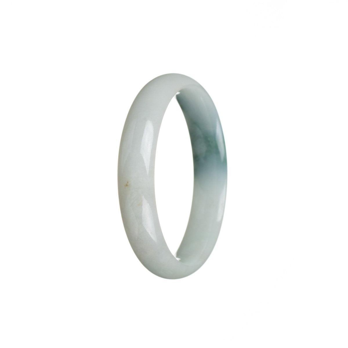 Image of a traditional jade bangle, 52mm in size, with a half moon shape. The bangle is made of untreated white jade, and it is certified for its authenticity.