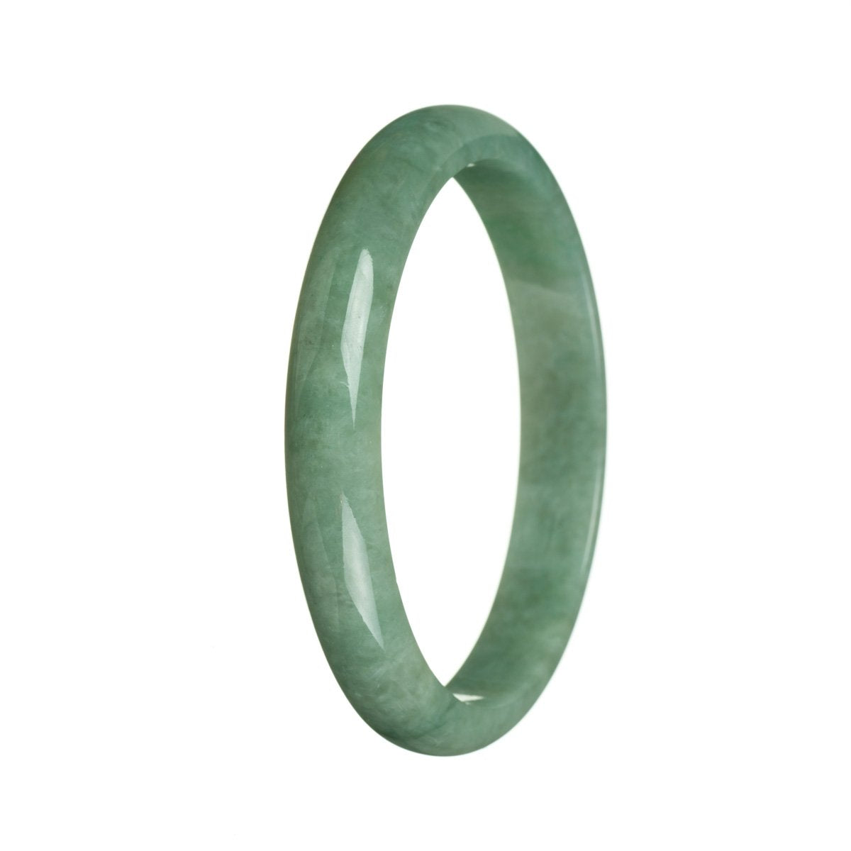 A close-up image of a half moon-shaped, certified Grade A green jade bangle bracelet. The bracelet is smooth and polished, showcasing the natural beauty of the jade. The 77mm size indicates its circumference, making it a medium-sized bracelet. The brand name "MAYS™" is also mentioned.